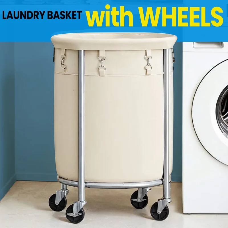 LEDREM 29-Gal Rolling Laundry Hamper with Wheels, Steel Frame & Removable Bag, 4 Casters (2 Brakes), Cream and Silver