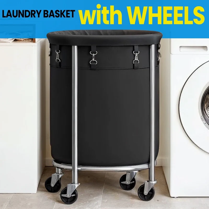 LEDREM 29-Gal Rolling Laundry Hamper with Wheels, Steel Frame & Removable Bag, 4 Casters (2 Brakes), Black and Silver