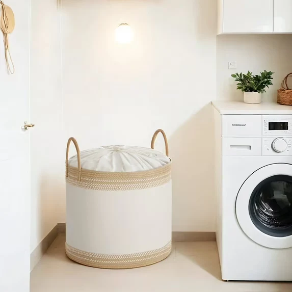 LEDREM 90L Laundry Hamper with Drawstring Lid & Handles, Sturdy Poly-Cotton Blend, Breathable Storage Basket for Clothes, Blankets, Bedroom, Living Room， Camel Brown