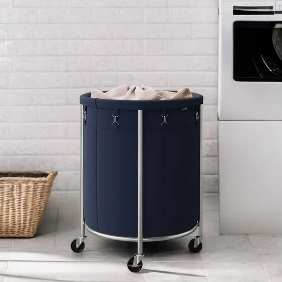 LEDREM 45-Gal Rolling Laundry Hamper with Wheels, Steel Frame & Removable Bag, 4 Casters (2 Brakes), Charcoal Blue and Metallic Silver