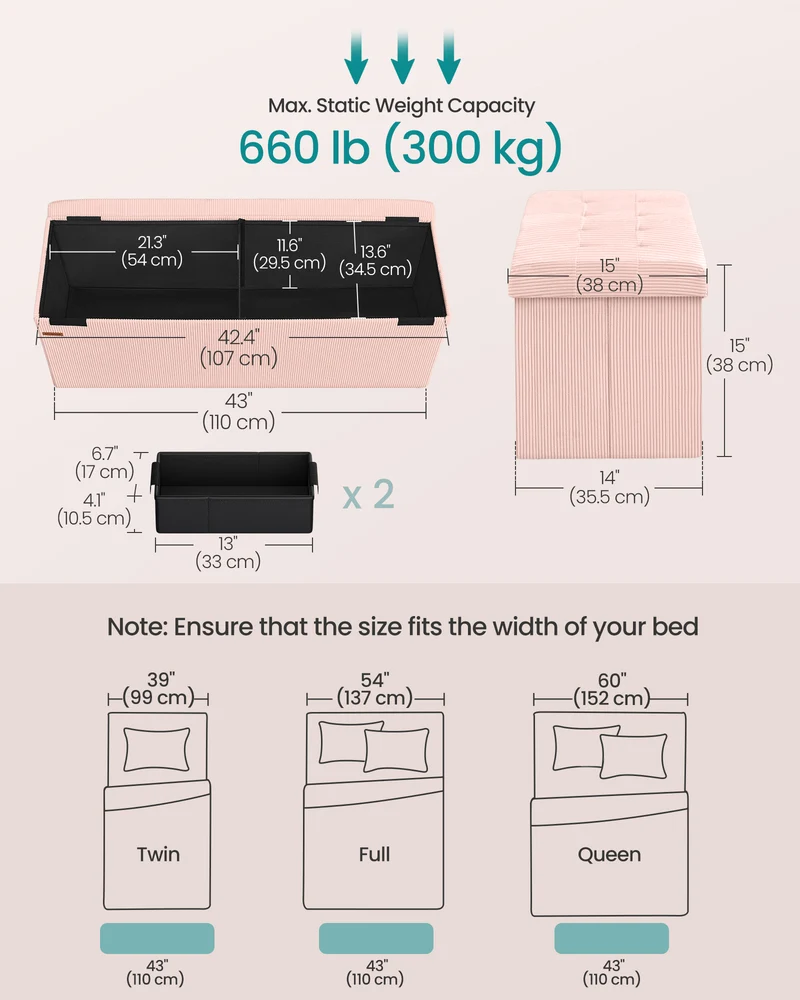 Storage Ottoman Bench, Foldable Foot Rest, 15 x 43 x 15 Inches, End of Bed Bench, Storage Chest, Load 660 lb, Living Room, Bedroom, Entryway, Jelly Pink
