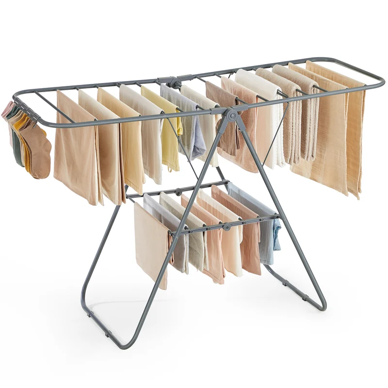 Clothes Drying Rack, with Sock Clips, Metal Laundry Rack, Foldable, Space-Saving, Free-Standing Airer, with 2 Height-Adjustable Gullwings, Indoor Outdoor Use, Black