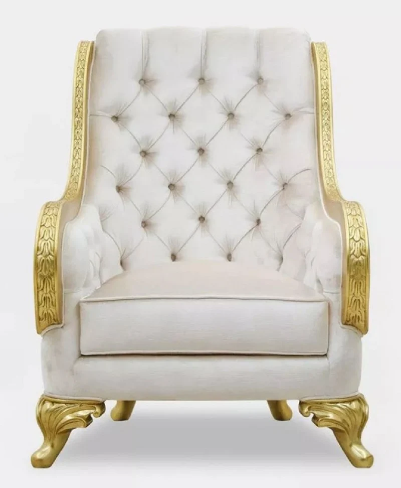 Casa Padrino Luxus Barock Wohnzimmer Sessel Hellgrau / Gold - Handgefertigter Barockstil Sessel - Luxus Wohnzimmer Möbel im Barockstil - Barock Möbel - Edel & Prunkvoll