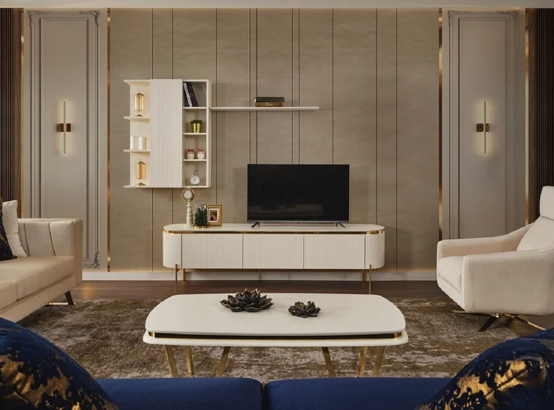 Casa Padrino Luxus TV Schrank Set Weiß / Gold - Wohnzimmer Sideboard mit Hängeschrank - Wohnzimmer Möbel - Hotel Möbel - Luxus Möbel