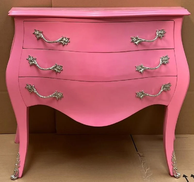 Casa Padrino Barock Kommode mit 3 Schubladen Rosa / Silber - Handgefertigte Massivholz Kommode im Barockstil - Schlafzimmer Möbel im Barockstil - Barock Möbel - Barock Einrichtung