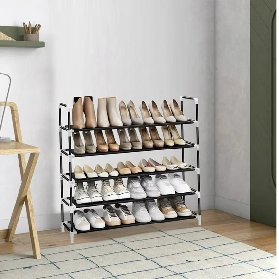 LEDREM 5-Tier Slim Shoe Rack for Hallway,Closet, Space-Saving Storage with Metal Frame & Non-Woven Shelves, Holds 20-25 Pairs, Black
