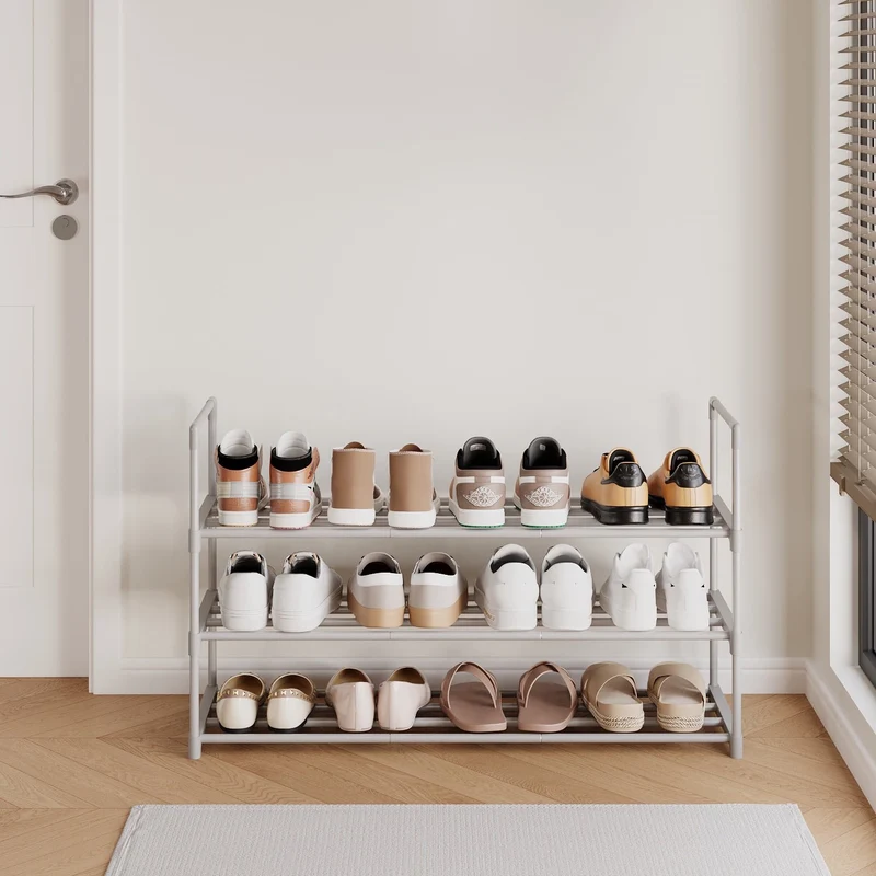 LEDREM 3-Tier Stackable Shoe Rack Organizer, Heavy-Duty Metal Frame, Upright or Inverted Storage, Holds 16-20 Pairs, Space-Saving for Entryway, Closet, or Dorm, Gray