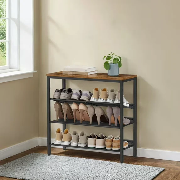 4-Tier Shoe Rack Organizer for Entryway, Adjustable Mesh Shelves, Freestanding, Heavy-Duty Steel & Particleboard, Holds 12-15 Pairs, Rustic Brown，Black