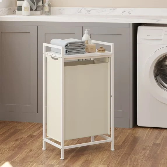 LEDREM Laundry Hamper with Removable Washable Bags, Pull-Out Shelf, Metal Frame, 12.4 Gallons Capacity, Space-Saving Design for Home, Bedroom, Bathroom, Cream White