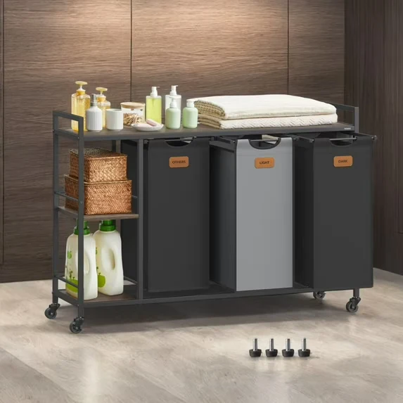 LEDREM 3-Bin Rolling Laundry Sorter, 39.6 Gallon Capacity with Shelves & Labels, Mobile Storage Cart, Chestnut Brown, Ink Black and Dove Gray