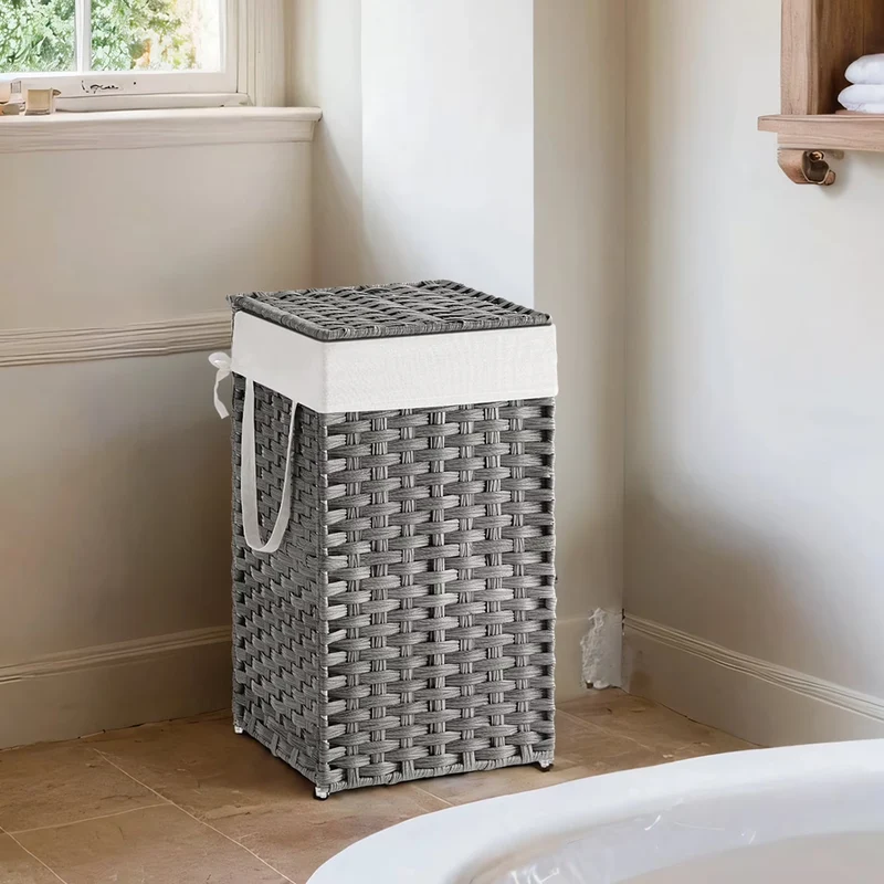 LEDREM Foldable Laundry Hamper with Removable Liner & Lid – 17.2 Gallon (65L) Synthetic Rattan Basket, Handles for Easy Carry, Space-Saving for Bathroom，Bedroom, Holds 44lb, Dove Gray