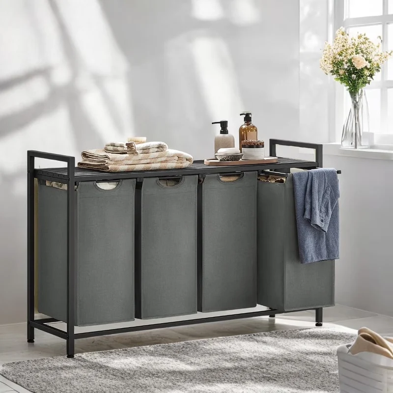 LEDREM 4-Compartment Laundry Sorter with Shelf, 42.2 Gallon Capacity, Removable Bags & Steel Frame, Slate Gray and Charcoal Gray