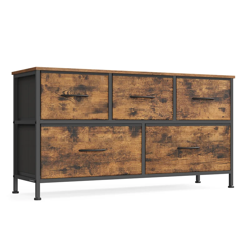 Dresser for Bedroom, Chest of Drawers, TV Stand, Steel, MDF, 5 Non-Woven Fabric Drawers, Storage Organizer Unit, Closet, Entryway, Rustic Brown and Ink Black