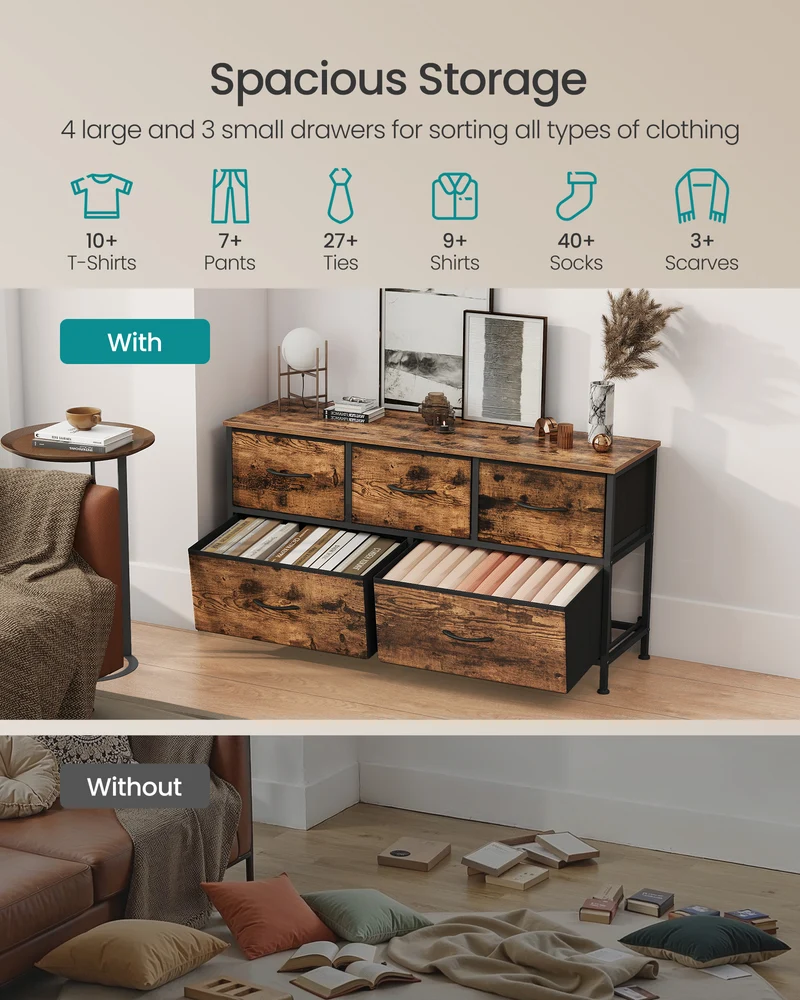 Dresser for Bedroom, Chest of Drawers, TV Stand, Steel, MDF, 5 Non-Woven Fabric Drawers, Storage Organizer Unit, Closet, Entryway, Rustic Brown and Ink Black