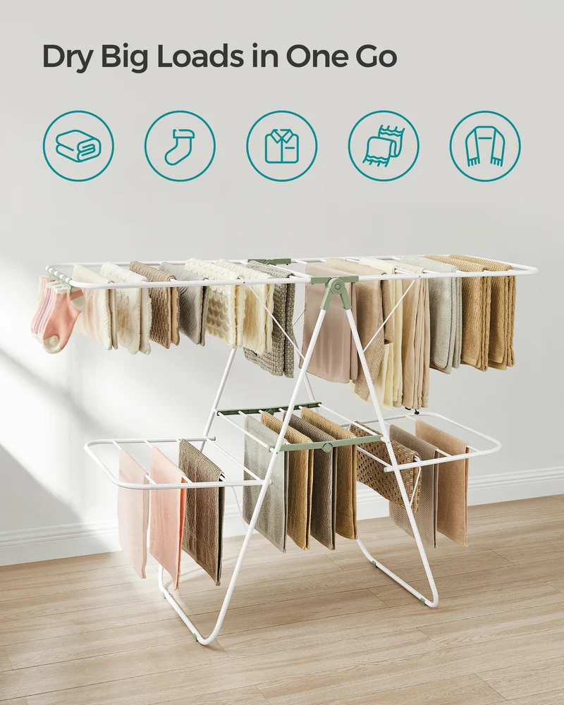 Clothes Drying Rack, Foldable 2-Level Laundry Drying Rack, Free-Standing Laundry Airer, with Height-Adjustable Wings, 33 Drying Rails, Sock Clips, White and Green
