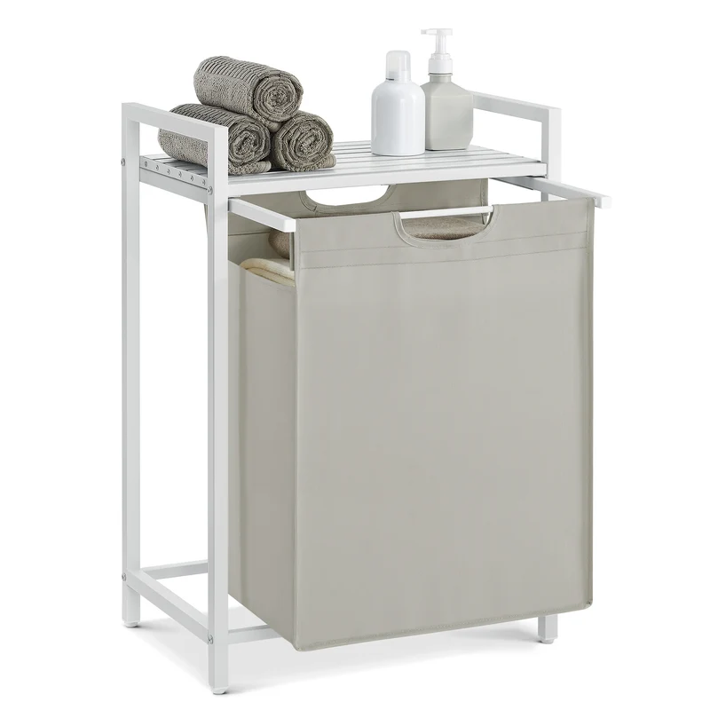 Laundry Hamper, Laundry Basket, Laundry Sorter with A Pull-Out and Removable Bag, Shelf, Metal Frame, 17.2 Gallons (65 L), 19.7 x 13 x 28.4 Inches, White