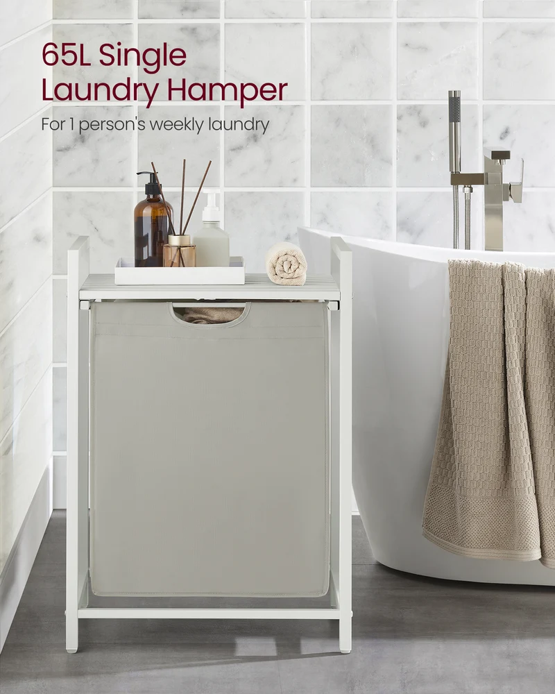 Laundry Hamper, Laundry Basket, Laundry Sorter with A Pull-Out and Removable Bag, Shelf, Metal Frame, 17.2 Gallons (65 L), 19.7 x 13 x 28.4 Inches, White