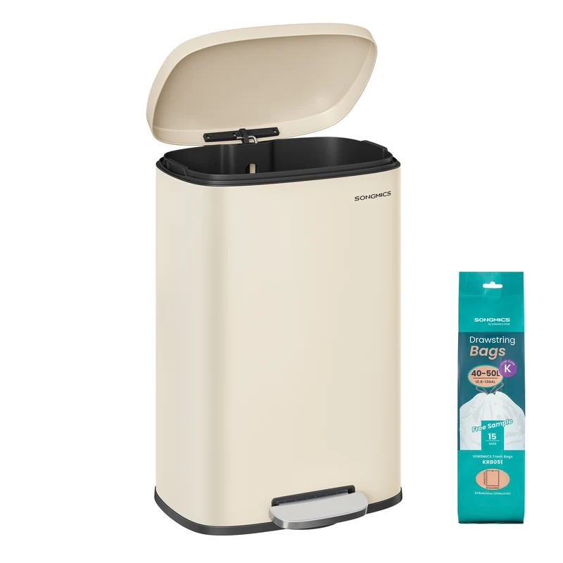 13 Gallon (50 L) Trash Can, Stainless Steel Kitchen Garbage Can, Recycling or Waste Bin, Soft Close, Step-On Pedal, Removable Inner Bucket, Sand Beige