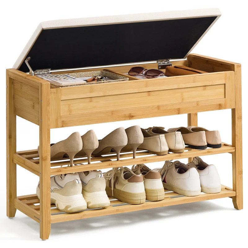 Bamboo Shoe Rack, Entryway Furniture, 31.5 Inces Wide, Hidden Storage Compartments, 2-Tier Shoe Shelves, for Entryway, Living Room, Bedroom, Dorm, Natural Beige