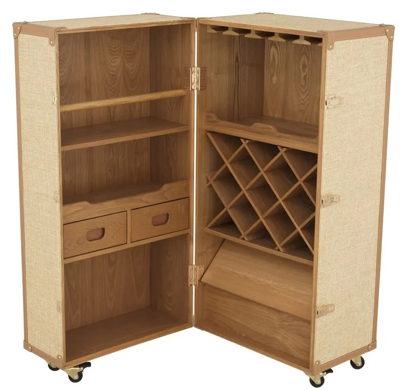 Casa Padrino Luxus Weinschrank im Koffer Design Naturfarben / Braun 59 x 59 x H. 122,5 cm - Kofferschrank mit Rollen - Bar Möbel - Luxus Möbel - Luxus Qualität