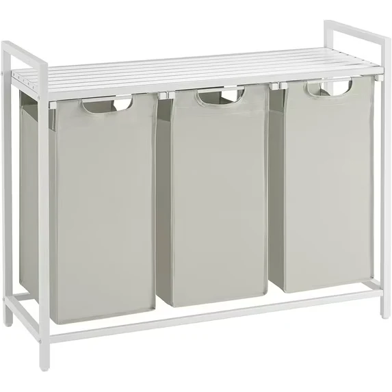 3 Section Laundry Hamper with shelf Laundry Sorter with 3 Pull-Out and Removable Bags for Bathroom Laundry Room White