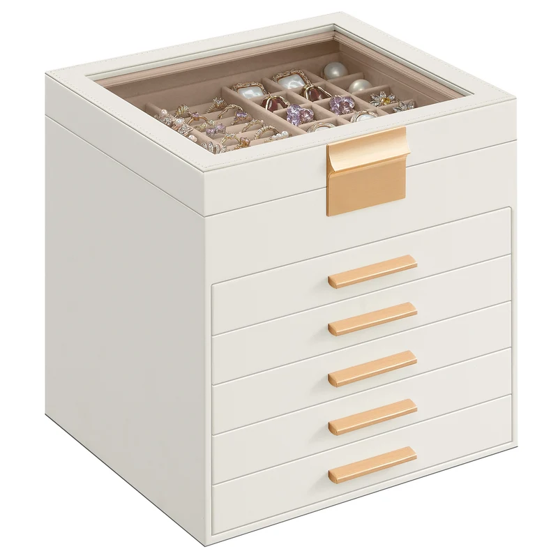 Jewelry Box Organizer with Glass Lid, 6-Layer Jewelry Storage, with 5 Drawers, Modern Style, 8 x 9.1 x 9 Inches, Cloud White and Gold Color