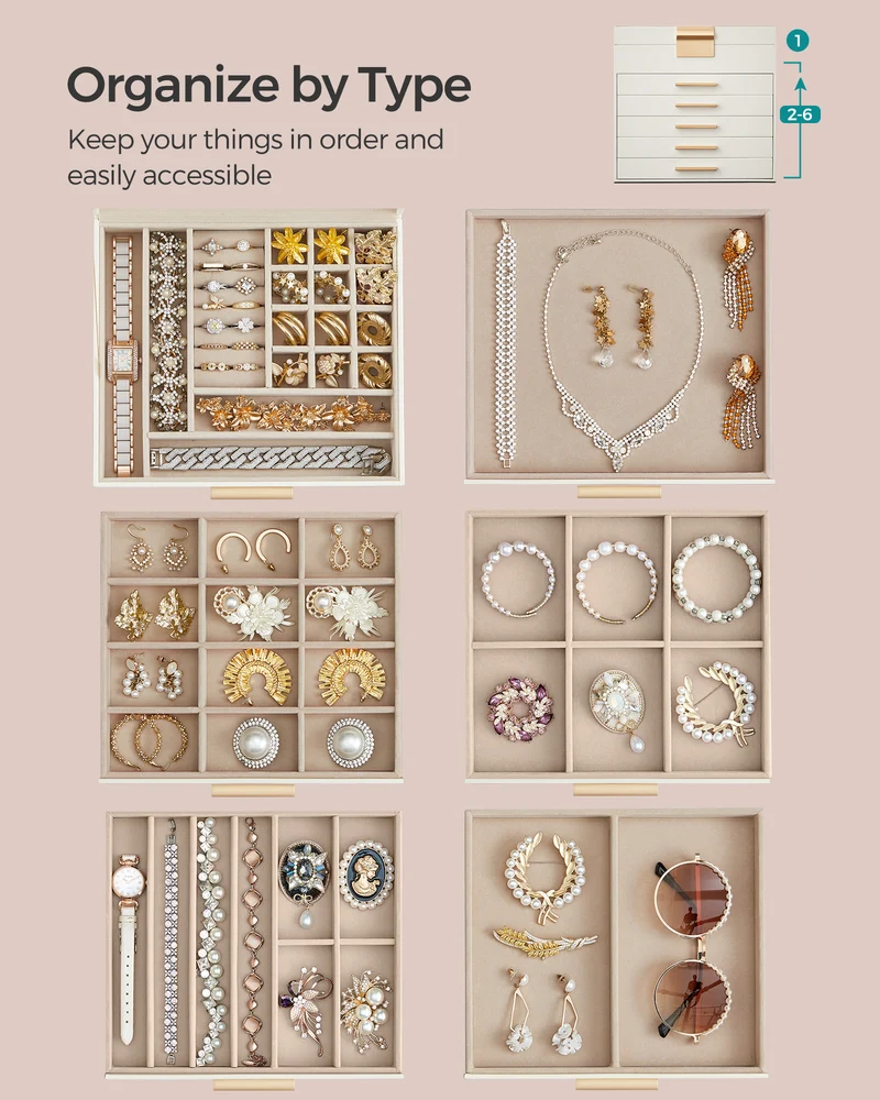 Jewelry Box Organizer with Glass Lid, 6-Layer Jewelry Storage, with 5 Drawers, Modern Style, 8 x 9.1 x 9 Inches, Cloud White and Gold Color