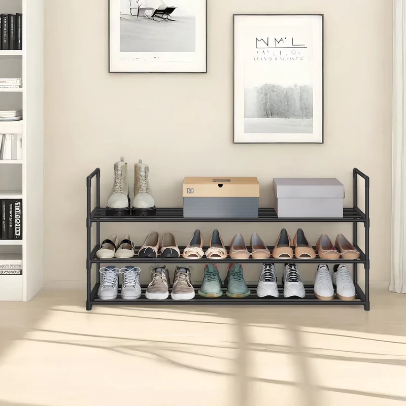 3-Tier Metal Shoe Rack Organizer – Stackable, Space-Saving Storage Shelf for 20-24 Pairs, Upright or Upside Down, Entryway & Closet Use, Black