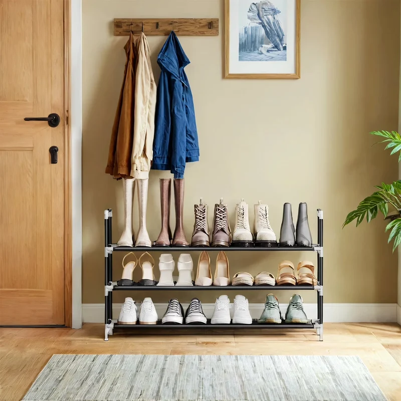 LEDREM 3-Tier Shoe Storage Rack for Hallway，Closet, Slim Space-Saving Design, Metal Frame & Non-Woven Shelves, Holds 12-15 Pairs, Easy Assembly, Black