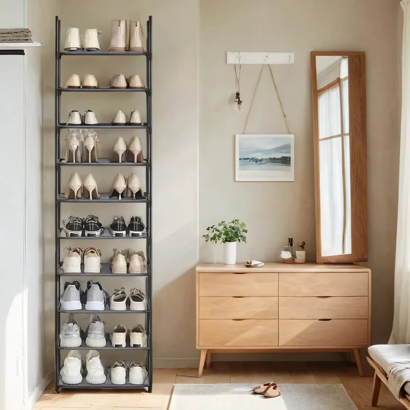 10-Tier Shoe Rack, Space-Saving Shoe Shelf Organizer, Sturdy Metal Frame & Non-Woven Fabric, Adjustable Shelves for Entryway, Bedroom, Living Room, Grey