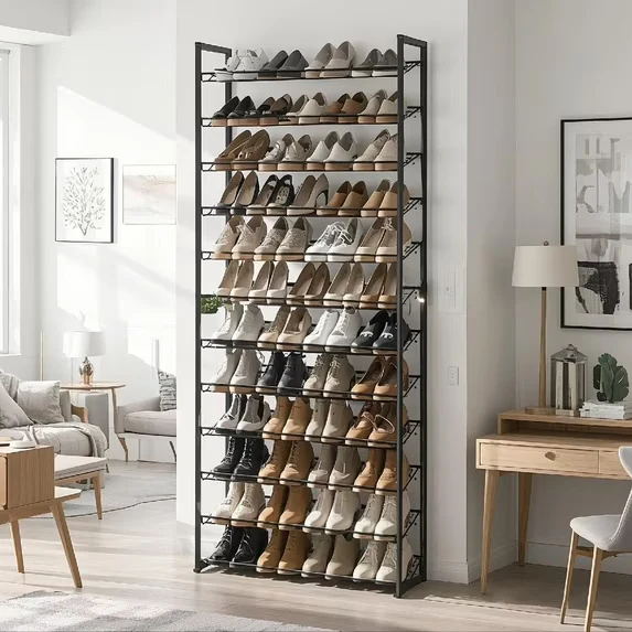 LEDREM 12-Tier Stackable Adjustable Shoe Rack for Garage & Entryway, Heavy-Duty Metal Frame, Holds 48-60 Pairs, Space-Saving Design, Cool Gray