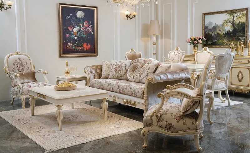 Casa Padrino Luxus Barock Wohnzimmer Set Creme / Rosa / Weiß / Gold - 2 Sofas & 2 Sessel - Handgefertigte Wohnzimmer Möbel im Barockstil - Edel & Prunkvoll
