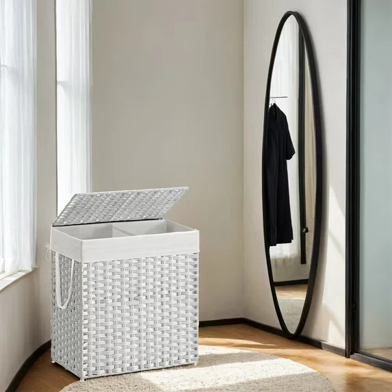 LEDREM Double Laundry Hamper with Lid - 110L Capacity, 2 Removable Washable Liners & 6 Mesh Bags, Steel Frame & Breathable Rattan, 2-Section Sorting for Laundry Room, White