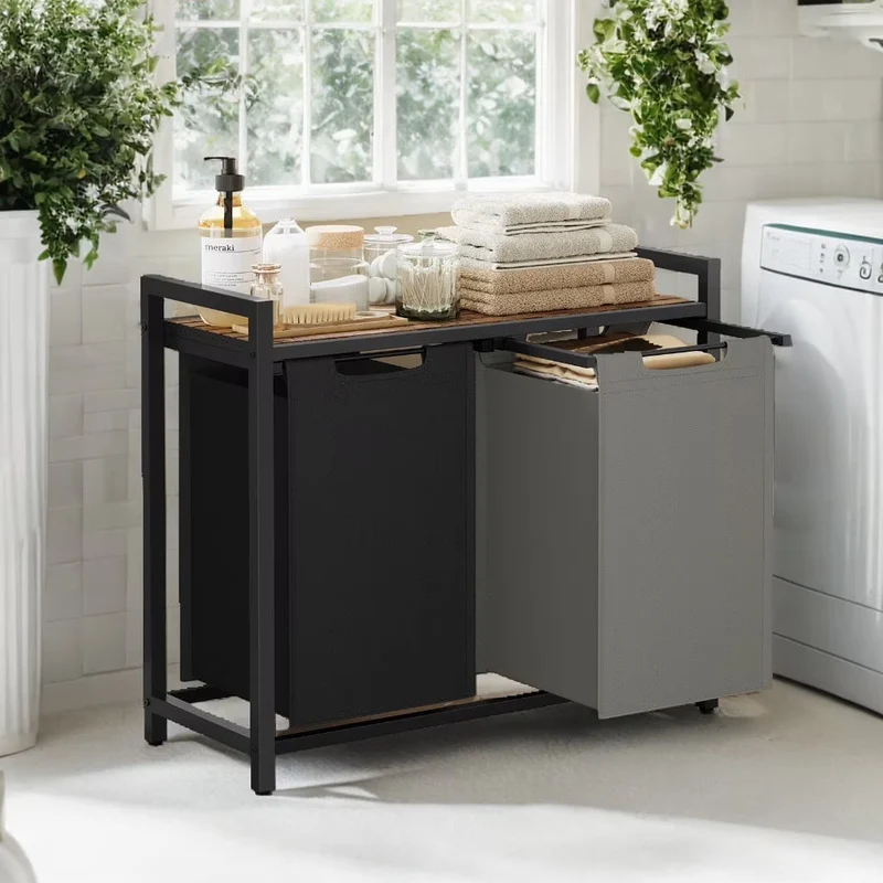 LEDREM 2-Compartment Laundry Hamper with Removable Bags & Storage Shelf, 92L Total Capacity, Steel Frame & Oxford Fabric, Rustic Brown and Charcoal Grey