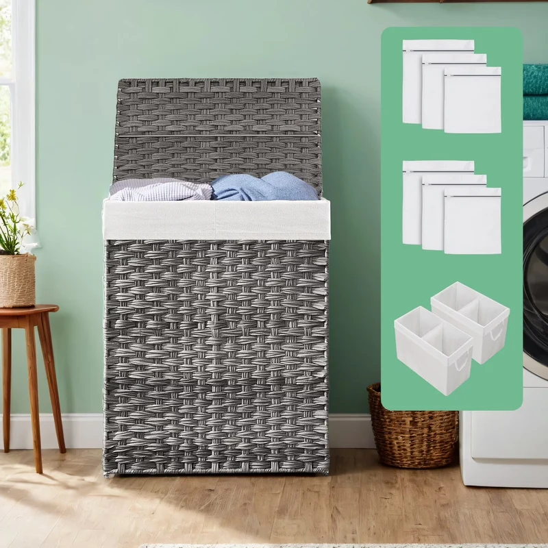 LEDREM Double Compartment Laundry Hamper with Lid - 90L Capacity, 2 Removable Washable Liners, 6 Mesh Bags, Steel Frame & Wicker, Design for Bathroom Storage, Gray
