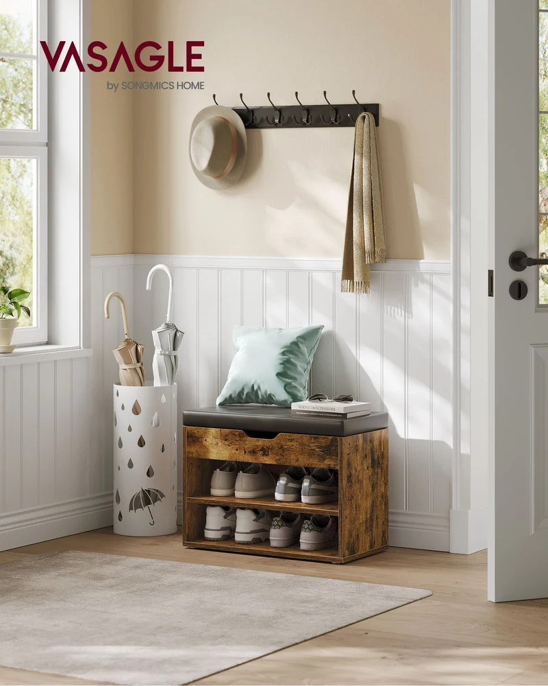 Shoe Bench with Cushion, Storage Bench with Padded Seat, Entryway Bench with 3 Storage Compartments, 11.8 x 23.6 x 17.3 Inches, for Bedroom, Living Room, Rustic Brown