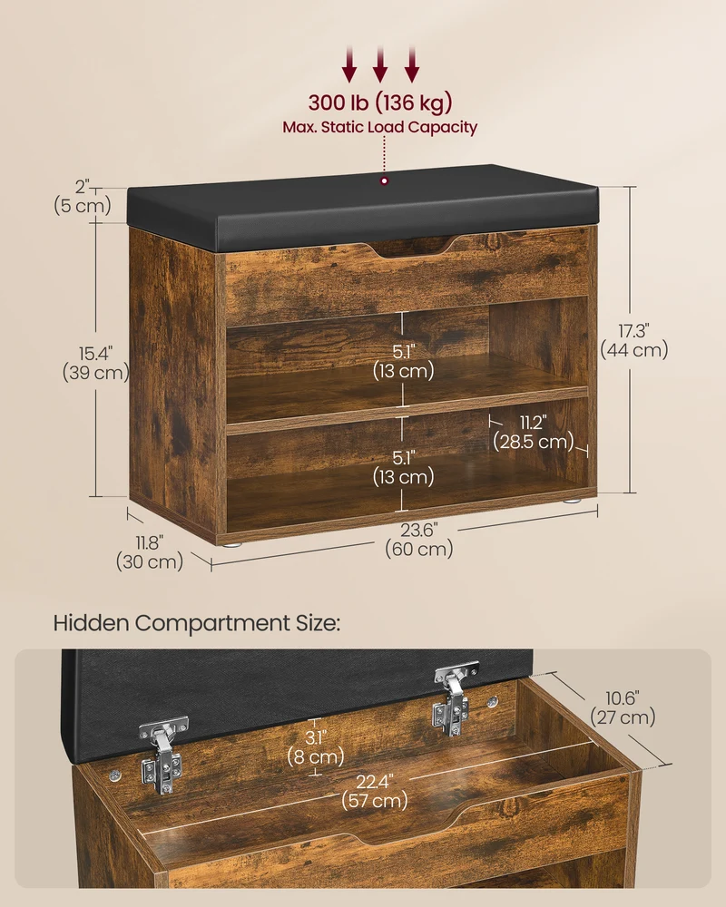 Shoe Bench with Cushion, Storage Bench with Padded Seat, Entryway Bench with 3 Storage Compartments, 11.8 x 23.6 x 17.3 Inches, for Bedroom, Living Room, Rustic Brown