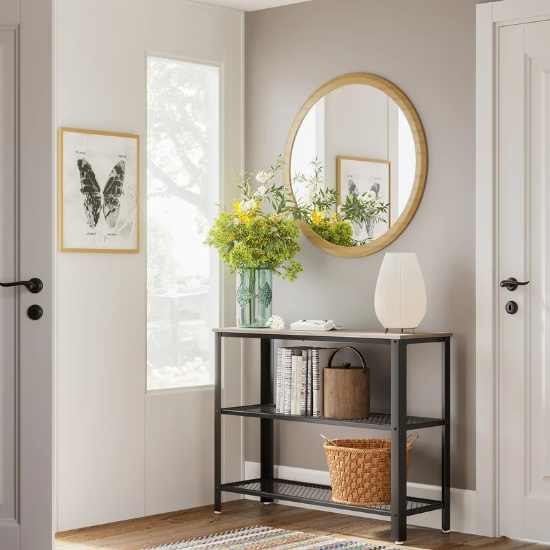 40" Industrial Console Table, 3 Tier Entryway Table with Storage Shelf, Narrow Sofa Table for Living Room, Hallway, Entrance Hall, Corridor, Bedroom, Greige and Black