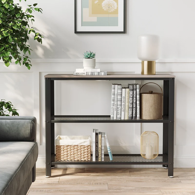 40" Industrial Console Table, 3 Tier Entryway Table with Storage Shelf, Narrow Sofa Table for Living Room, Hallway, Entrance Hall, Corridor, Bedroom, Greige and Black