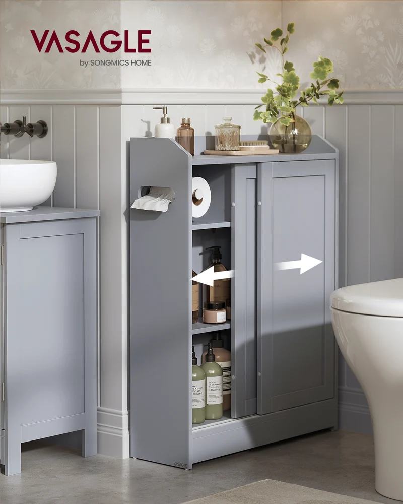 Bathroom Cabinet, Slim Bathroom Storage Cabinet, Toilet Paper Holder and Brush Compartment, Sliding Doors, Adjustable Shelves, Next to Toilet, 7.9 x 23.6 x 31.5 Inches, Dove Gray