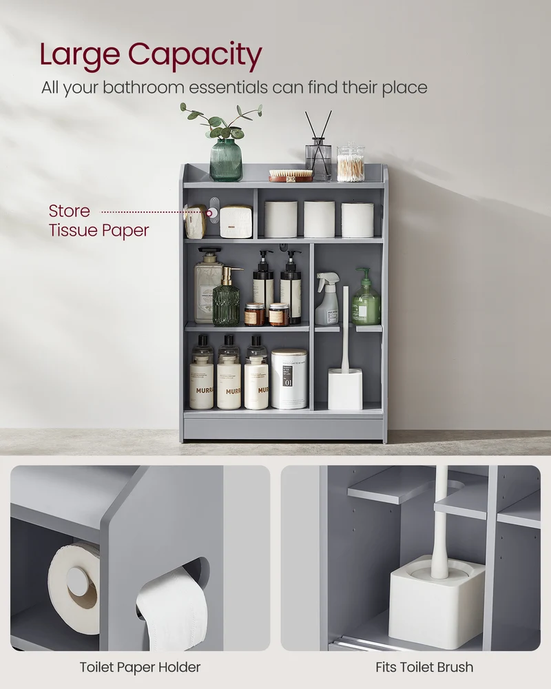 Bathroom Cabinet, Slim Bathroom Storage Cabinet, Toilet Paper Holder and Brush Compartment, Sliding Doors, Adjustable Shelves, Next to Toilet, 7.9 x 23.6 x 31.5 Inches, Dove Gray