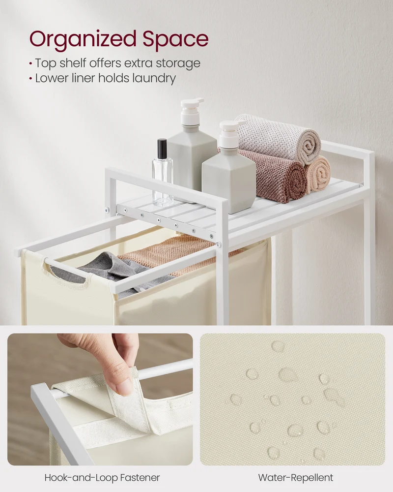 Laundry Hamper, Slim Laundry Basket, Laundry Sorter with A Pull-Out and Removable Bag, Shelf, Metal Frame, 12.7 Gallons (47 L), 16.5 x 11 x 29.5 Inches, Cream White and Cloud White