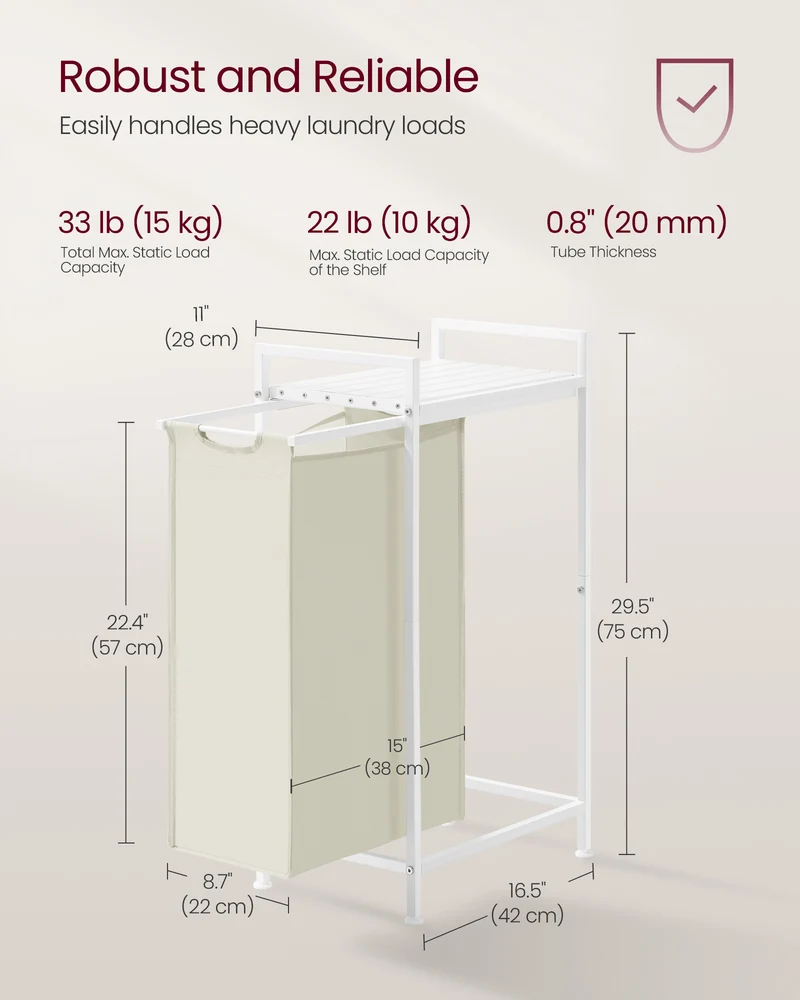 Laundry Hamper, Slim Laundry Basket, Laundry Sorter with A Pull-Out and Removable Bag, Shelf, Metal Frame, 12.7 Gallons (47 L), 16.5 x 11 x 29.5 Inches, Cream White and Cloud White