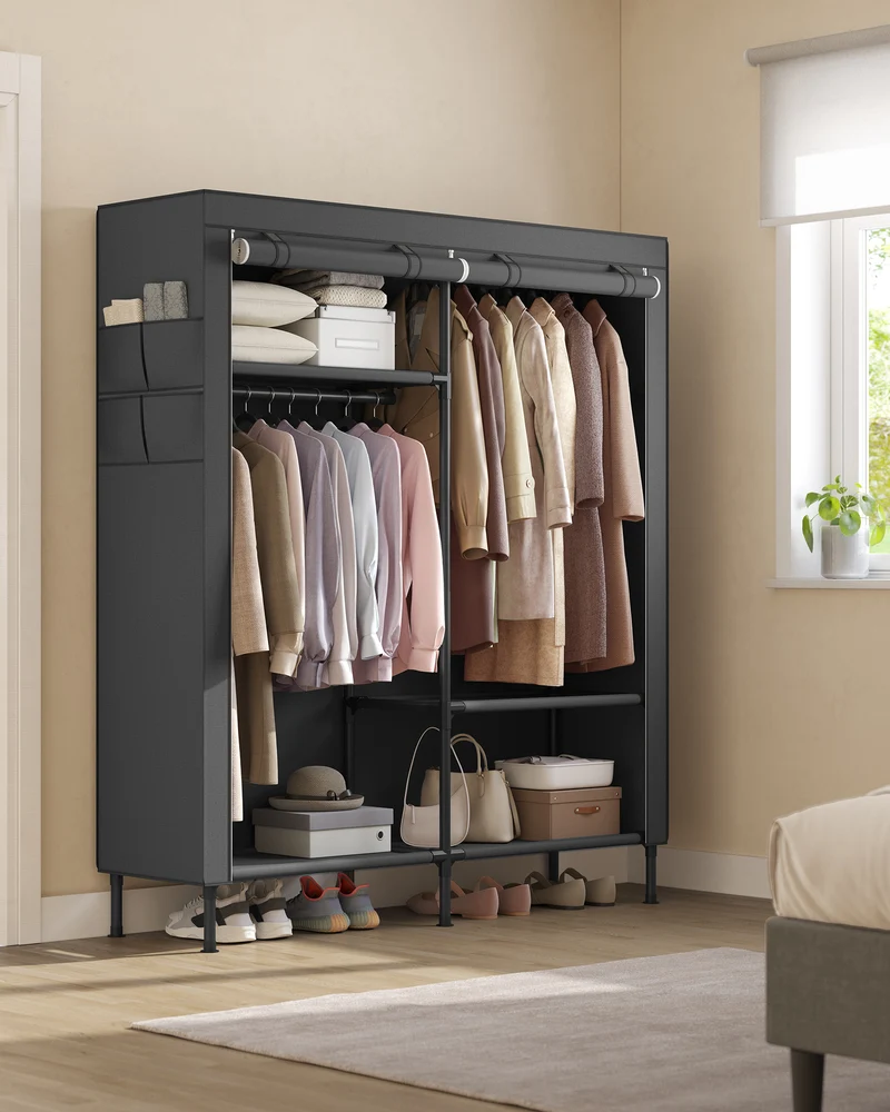 Wardrobe Closet, 65 Inch Heavy Duty Portable Closet, Freestanding Closet Organizer, Clothes Rack with Cover, 2 Hanging Rails, 3 Shelves,4 Side Pockets,Black