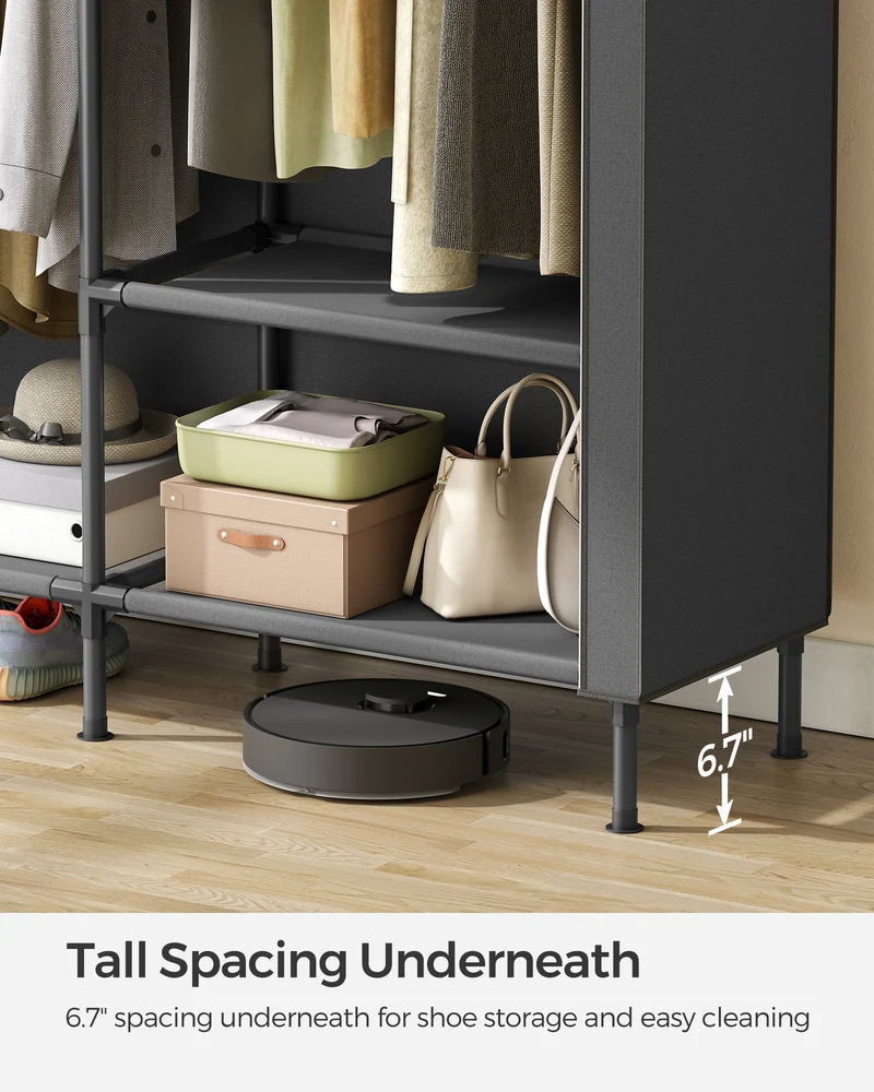 Wardrobe Closet, 65 Inch Heavy Duty Portable Closet, Freestanding Closet Organizer, Clothes Rack with Cover, 2 Hanging Rails, 3 Shelves,4 Side Pockets,Black
