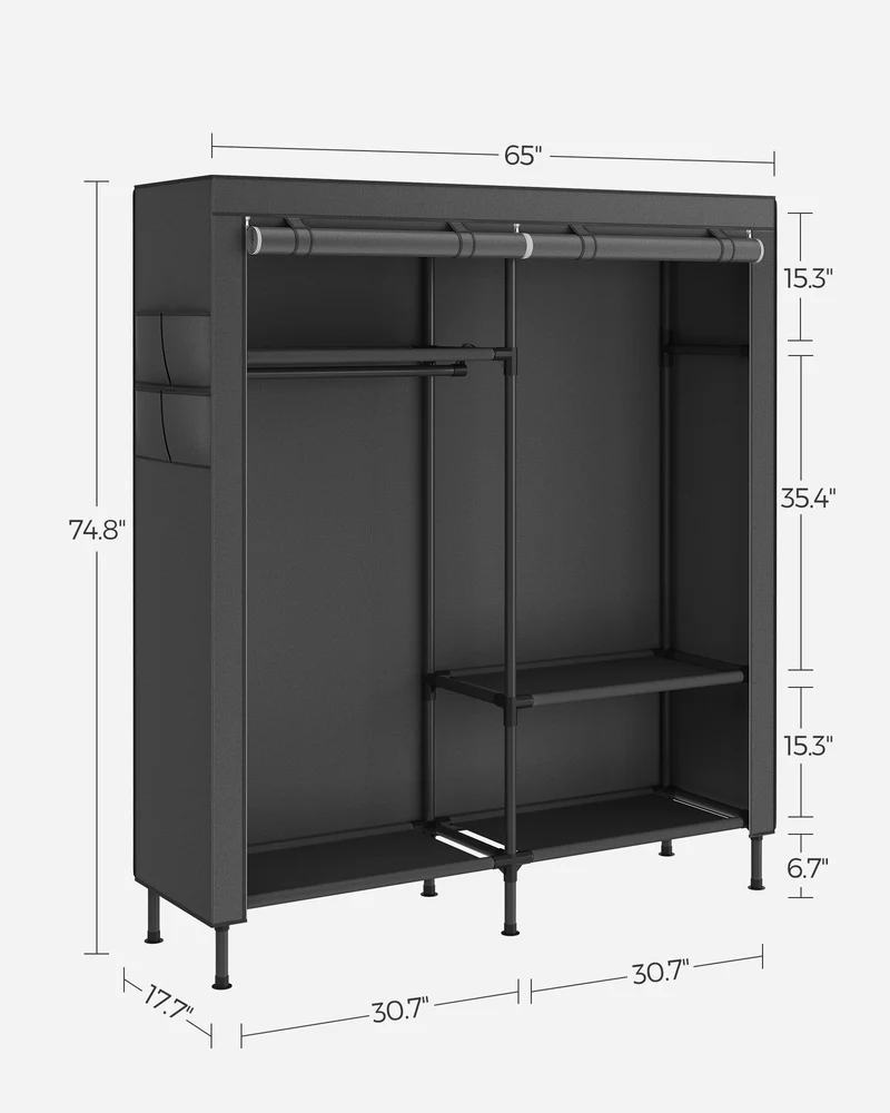 Wardrobe Closet, 65 Inch Heavy Duty Portable Closet, Freestanding Closet Organizer, Clothes Rack with Cover, 2 Hanging Rails, 3 Shelves,4 Side Pockets,Black