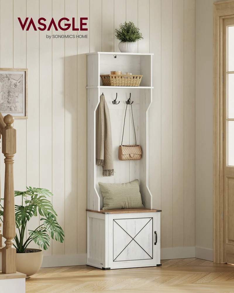 Hall Tree with Bench and Shoe Storage, Coat Rack with Shoe Bench, Entryway Furniture, 3 Tri-Hooks, Door with Handle, Farmfouse Style, Space Saving, Rustic White and Honey Brown