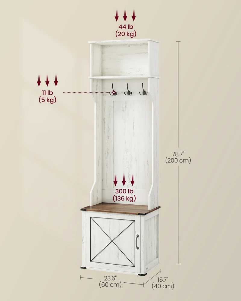 Hall Tree with Bench and Shoe Storage, Coat Rack with Shoe Bench, Entryway Furniture, 3 Tri-Hooks, Door with Handle, Farmfouse Style, Space Saving, Rustic White and Honey Brown