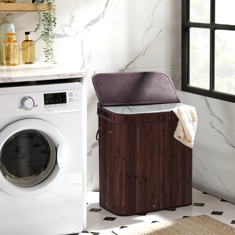Laundry Hamper with Lid, Bamboo Launry Basket with Handles, Foldable Storage Basket for Laundry Room, Bedroom, 100L, Brown