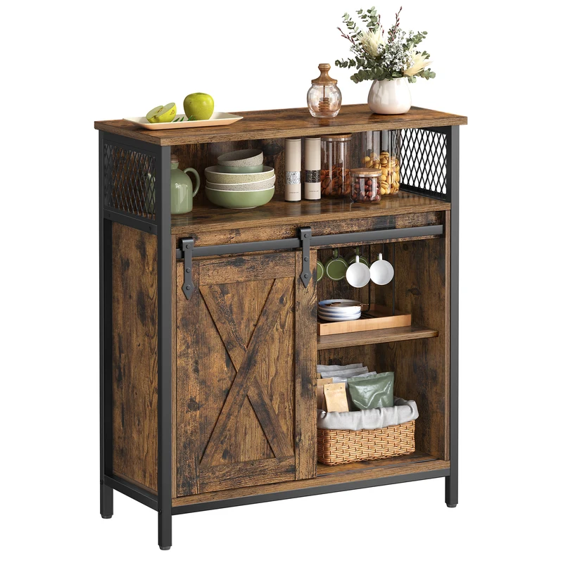 Buffet Cabinet, Coffee Bar Storage Cabinet, Sideboard with 1 Sliding Barn Door, Adjustable Shelves, 11.8 x 27.6 x 31.5 Inches, for Living Room, Rustic Brown and Ink Black